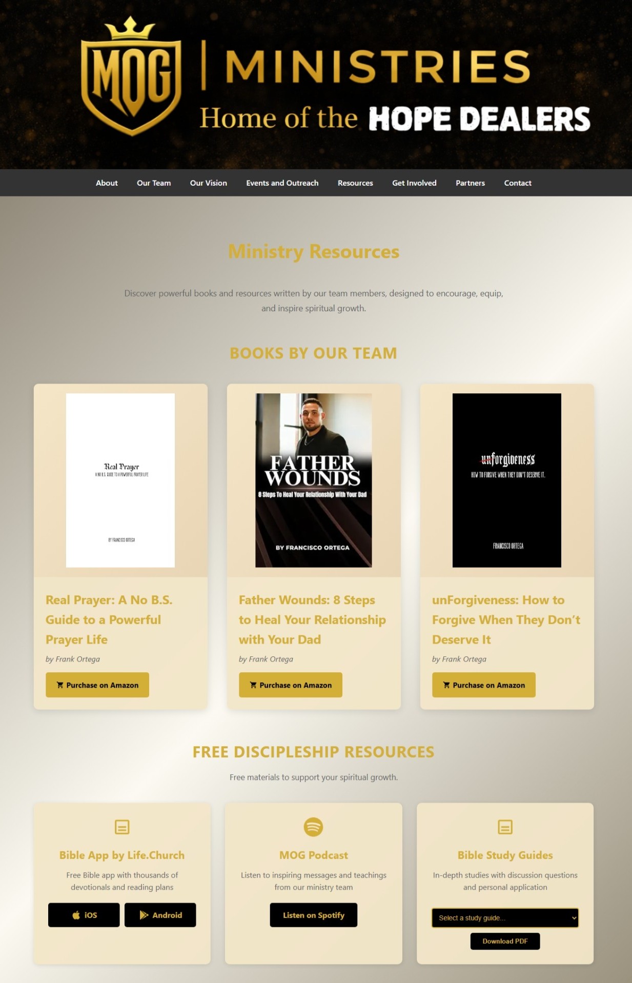MOG Ministries website screenshot showing ministry resources and books